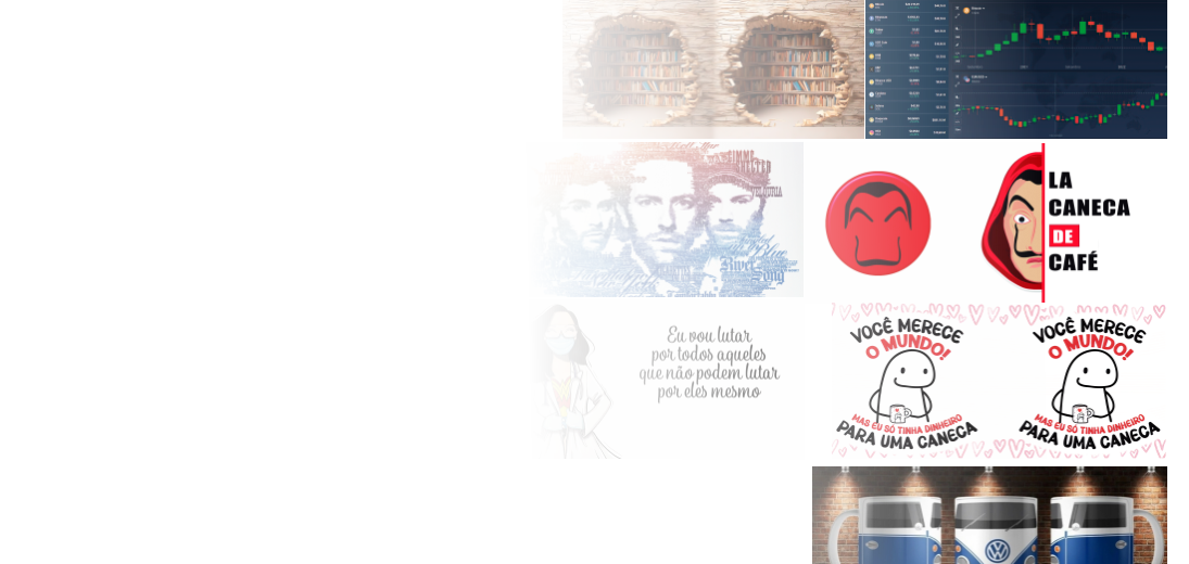 Imagem: Estampas variadas como fundo lateral esquerdo. Desenho de memes e um seriado. Seriado: La casa de papel com o dizer: 'La caneca de Café'